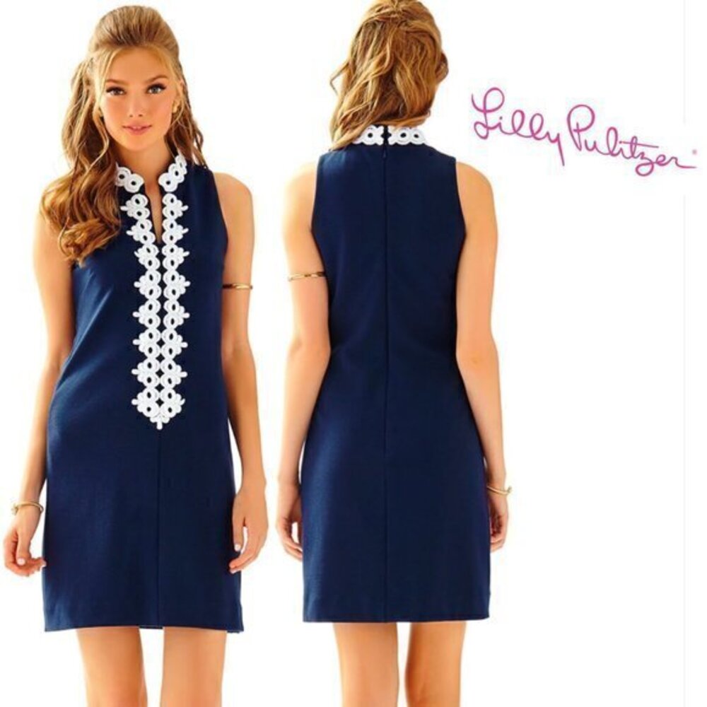 Lilly Pulitzer Blue Shift Dress XS Mini White Ottoman Callista Sleeveless V Neck